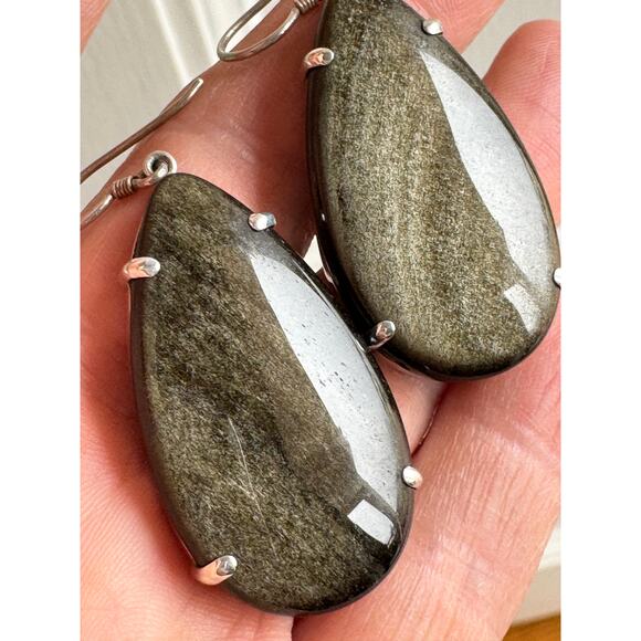 Golden Obsidian Tear Drop Earrings Prong Set Sterling 925 Silver Earrings - Picture 5 of 6